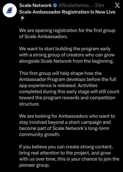 A screenshot of a tweet from @ScaleNetwo... announcing 'Scale Ambassador Registration Is Now Live' and seeking creators to help build the program.