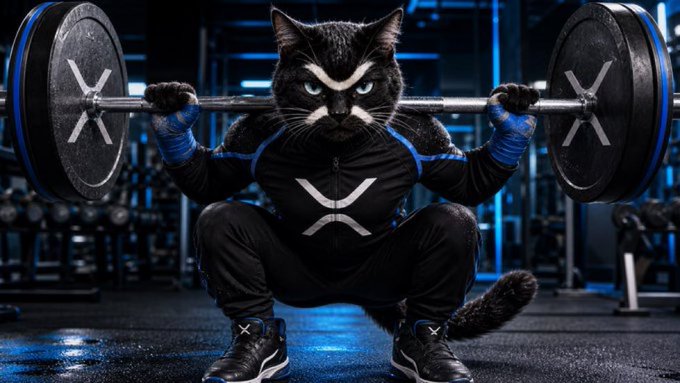 A digitally created image of a stern-looking black and white cat wearing athletic gear and lifting a heavy barbell in a gym setting.
