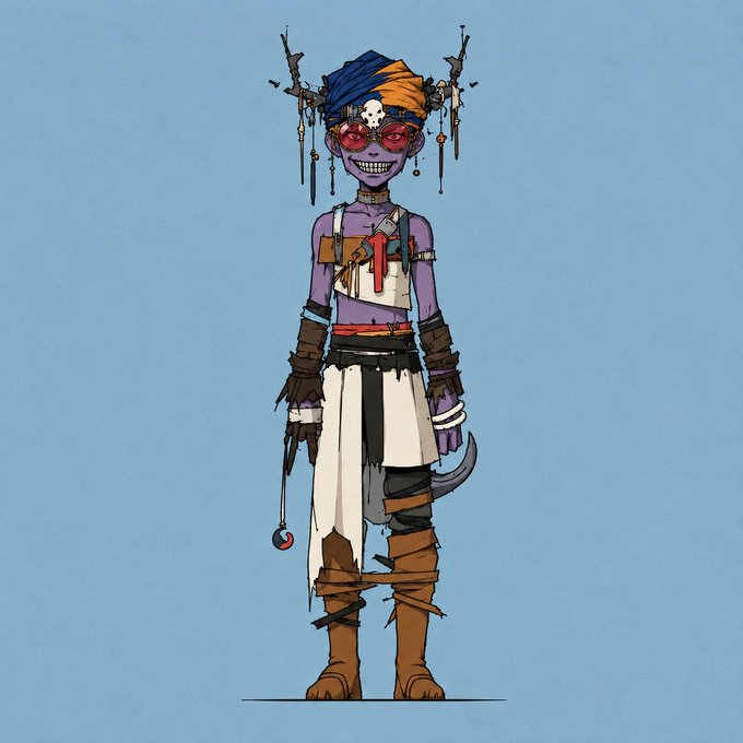 A stylized, otherworldly character with purple skin, a menacing grin, red sunglasses, and a turban adorned with a skull and horn-like protrusions stands against a blue background, embodying the dark, mystical NFT aesthetic paired with the optimistic "NFTs will change my life again Gm" post.