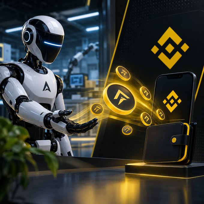 A humanoid robot stands beside a display of floating gold cryptocurrency tokens and a Binance logo on a phone screen and background panel.