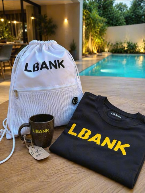 A promotional merchandise display featuring a white drawstring backpack, a black t-shirt, and a black ceramic mug, all branded with 'LBANK' in yellow lettering.