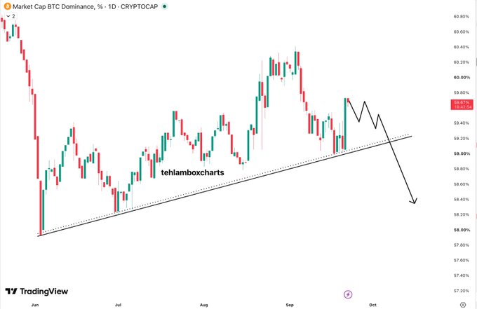 A TradingView BTC Dominance candlestick chart from tehlamboxcharts showing a rising trendline pattern with a predicted downward arrow, currently around the 59.40% level.