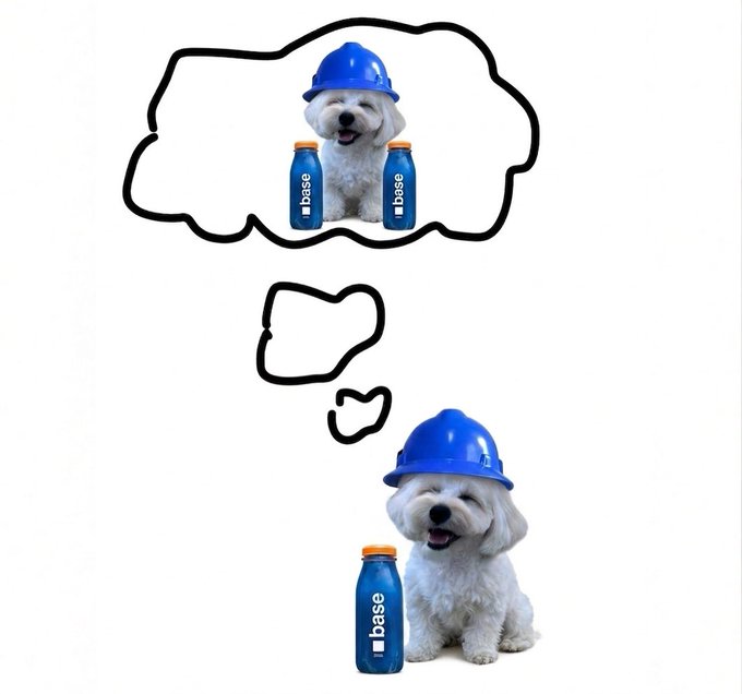 An advertisement featuring a small white dog wearing a blue hard hat next to a bottle labeled 'base', with a thought bubble showing the same dog between two 'base' bottles.