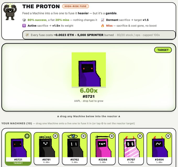 A web interface for 'THE PROTON' fusion game showing mechanics with 80% success rate, featuring a target Machine #5721 at 6.00x and a row of 10 machines to drag for fusing.