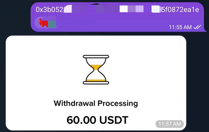 A cryptocurrency withdrawal notification showing an hourglass icon with the text 'Withdrawal Processing' and '60.00 USDT' sent to wallet addresses starting with '0x3b052' and '5f0872ea1e' at 11:55 AM.