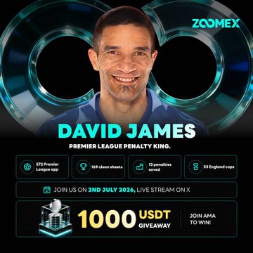 Promotional graphic for Zoomex featuring football legend David James, billed as the "Premier League Penalty King" with stats noting 572 Premier League apps, 169 clean sheets, 13 penalties saved, and 51 England caps. The banner advertises a July 2nd, 2026 livestream AMA on X with a 1000 USDT giveaway, visually supporting the post's call to action.