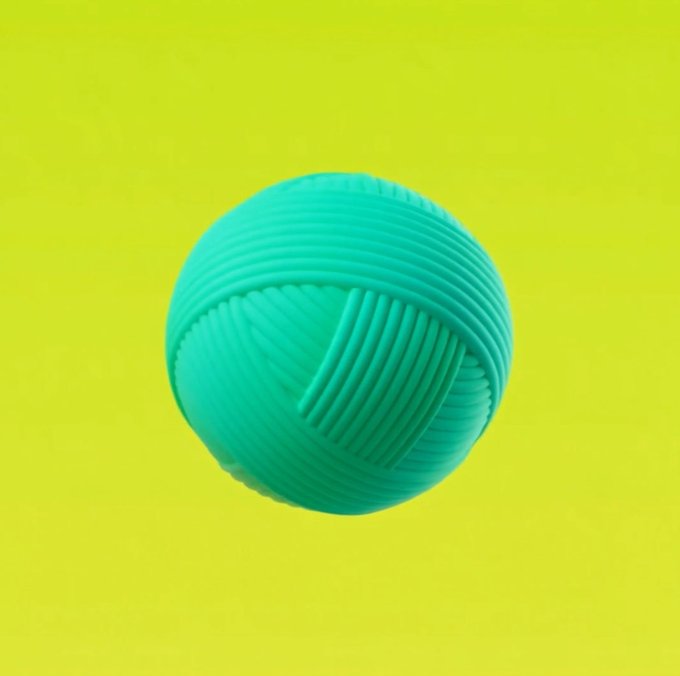 A turquoise textured sphere with a woven, ribbed pattern sits against a bright yellow background, visually representing the minted NFT allocation from the Doll Club collaboration. The abstract, ball-like form evokes a sense of completion or a tangible "token" obtained through the free mint event.