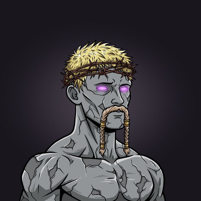 A digital illustration of a muscular, stone-like humanoid figure with blonde hair, a crown of thorns, braided blonde mustache, and glowing purple eyes against a dark background.