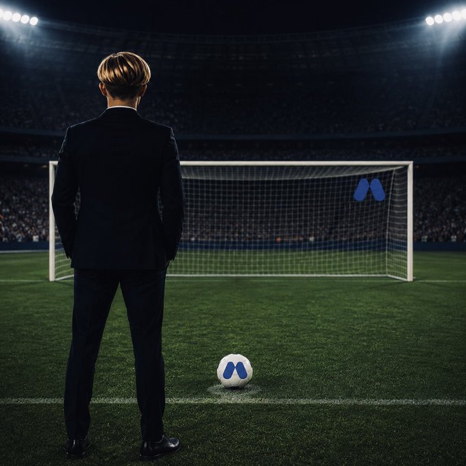 A man in a black suit stands on a stadium field facing a soccer goal, with a branded MEXC ball placed on the grass for a penalty kick—visually capturing the trading platform's "Kickoff Fest" promotion that offers an 8,000,000 USDT prize pool and 200,000 USDT daily rewards tied to the football season.