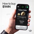 A tutorial graphic titled 'How to buy $TWIN' showing a person holding a smartphone displaying a token sale for Token Baby.