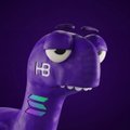 A purple dinosaur-like character with a skeptical expression, featuring 'HB' branding on its cheek, rendered in a 3D style.