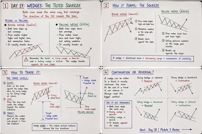 Educational infographic 'Day 17: Wedges - The Tilted Squeeze' explaining rising and falling wedge patterns, how they form, how to trade them, and continuation vs reversal scenarios.