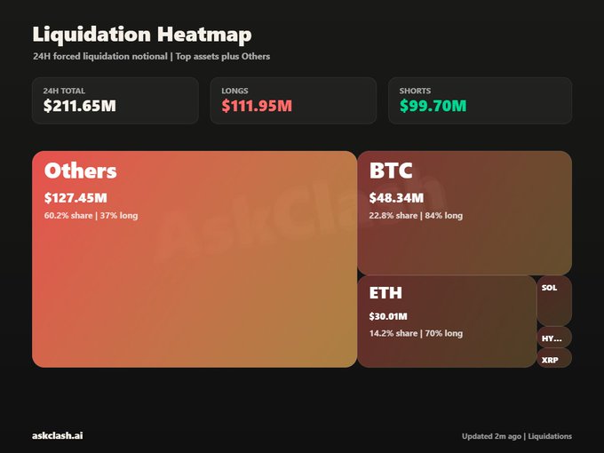 A 'Liquidation Heatmap' dashboard showing 24H total liquidations of $211.65M ($111.95M longs, $99.70M shorts), with 'Others' ($127.45M), BTC ($48.34M), and ETH ($30.01M) being the largest categories.