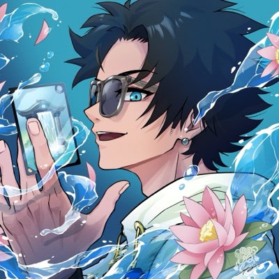 A vibrant anime-style illustration of a character with spiky black hair and sunglasses taking a selfie, surrounded by water splashes and pink lotus flowers, with no visible text in the image itself. The artwork showcases the custom fan art created by YQCre8 for the Azuki community, depicting the character that the artist designed from scratch since the requester didn't have an Azuki OG or Elemental card to reference.
