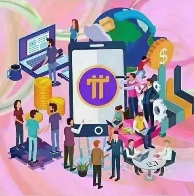 A colorful illustration depicting a Pi cryptocurrency ecosystem, featuring people working around a giant smartphone displaying the Pi logo, with coins, a globe, and gears.
