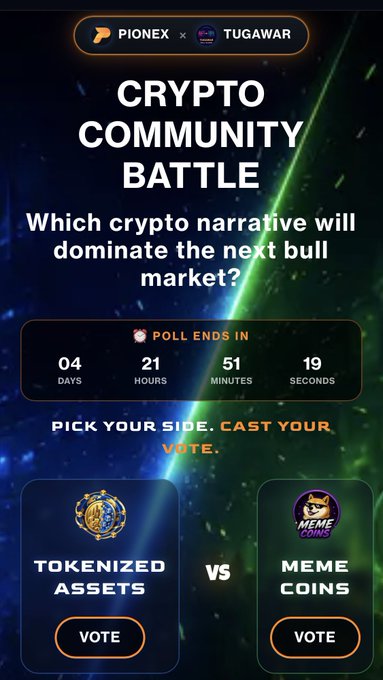 A "Crypto Community Battle" promotional graphic for Pionex × TUGAWAR asks viewers to vote on whether "Tokenized Assets" or "Meme Coins" will dominate the next bull market, with the poll ending in 04 days, 21 hours, 51 minutes, and 19 seconds.