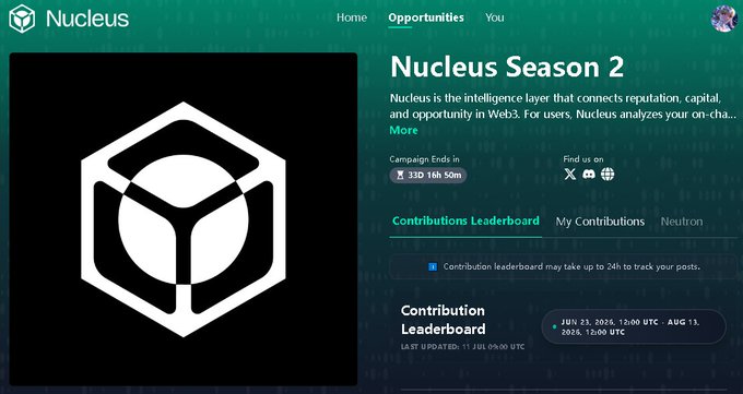 A screenshot of the Nucleus website homepage showing 'Nucleus Season 2' campaign running from June 23 to August 11, 2026, featuring a Contributions Leaderboard section.