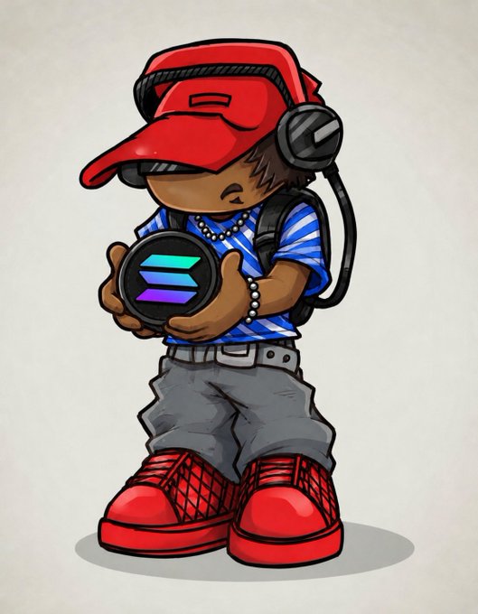A cartoon illustration of a character wearing a red cap and red sneakers, holding a coin displaying the Solana logo, dressed in a blue-striped shirt.