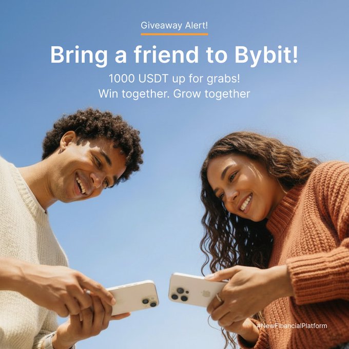 A giveaway announcement for Bybit features two smiling friends looking down at their phones against a blue sky, with the headline "Bring a friend to Bybit!" promoting a 1,000 USDT prize where five pairs will win 200 USDT each by tagging friends in the comments.