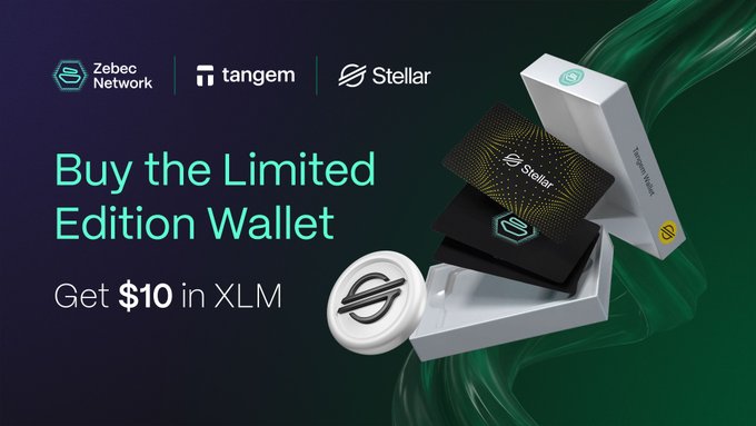 Promotional graphic advertising a Zebec Network, Tangem, and Stellar collaboration for a limited edition wallet, offering $10 in XLM with images of the Stellar-branded hardware wallet.