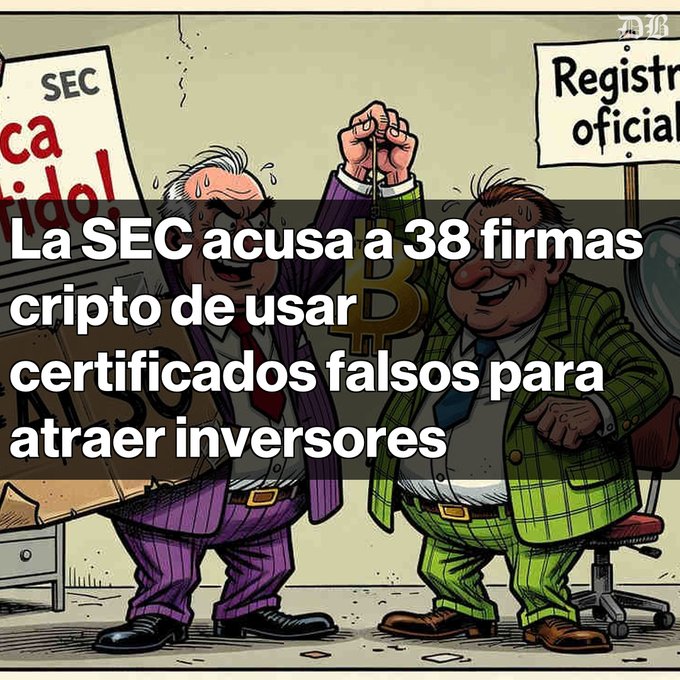 A cartoon illustration of two men in suits holding hands with a Bitcoin symbol between them, overlaid with Spanish text: 'La SEC acusa a 38 firmas cripto de usar certificados falsos para atraer inversores' (The SEC accuses 38 crypto firms of using fake certificates to attract investors).