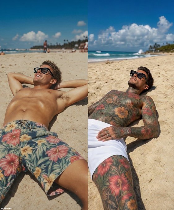 The image shows a side-by-side comparison of two men relaxing on a beach, with the left side showing a man in floral swim trunks and the right side showing a man with full body tattoos featuring floral designs in white shorts. The meme humorously contrasts a "before and after" expectation, relating to the trading strategy post by implying an ironic transformation—perhaps showing an idealized relaxation versus a chaotic "what actually happened" outcome from the trading results.