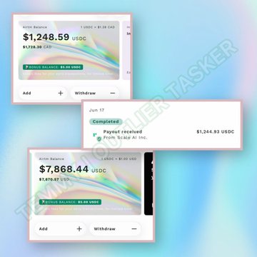 A collage showing crypto wallet interfaces with balances of $1,248.59 USDC and $7,868.44 USDC, along with a $1,244.93 USDC payout notification, watermarked 'TOP REVIEWER TASKER'.