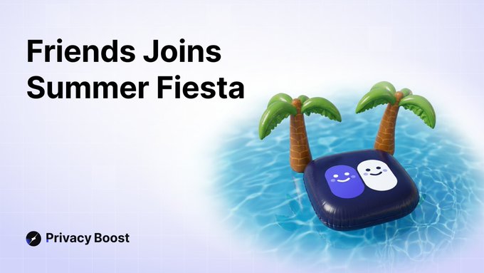 The image announces "Friends Joins Summer Fiesta" with a 3D illustration of a dark floatie featuring a purple smiley face and white smiley icon, nestled between two palm trees in a blue pool. It includes a "Privacy Boost" label with a compass icon, aligning with the promotion of Startale's privacy-focused onchain money transfers and the 70 STAR Points reward for completing missions.