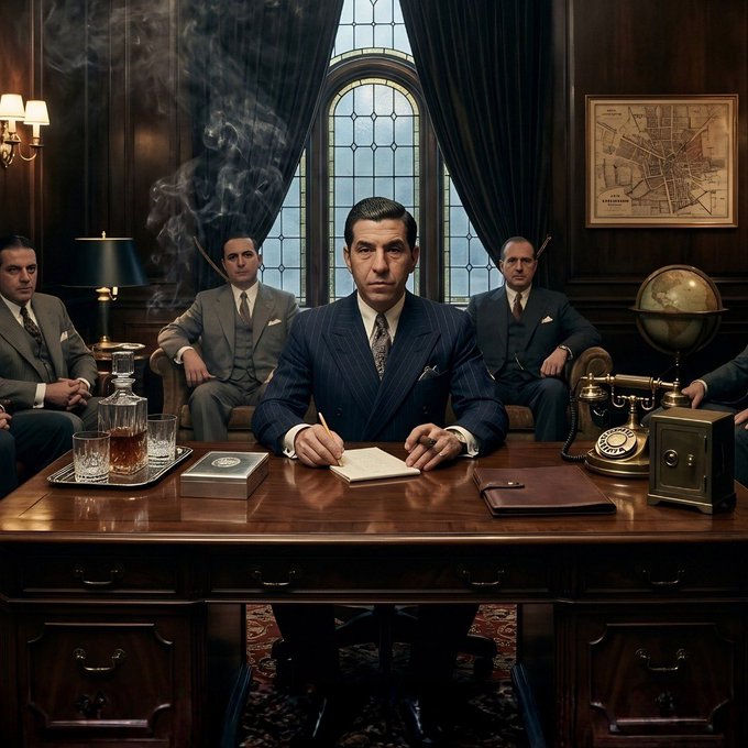 A 1930s-style executive sits at a mahogany desk signing documents in a wood-paneled office, flanked by stoic men in suits amid a decanter, rotary phone, and a framed map labeled "LONDON." The vintage, composed scene mirrors the post's message of patient, repeated conviction through market noise—same market drama, different decade.