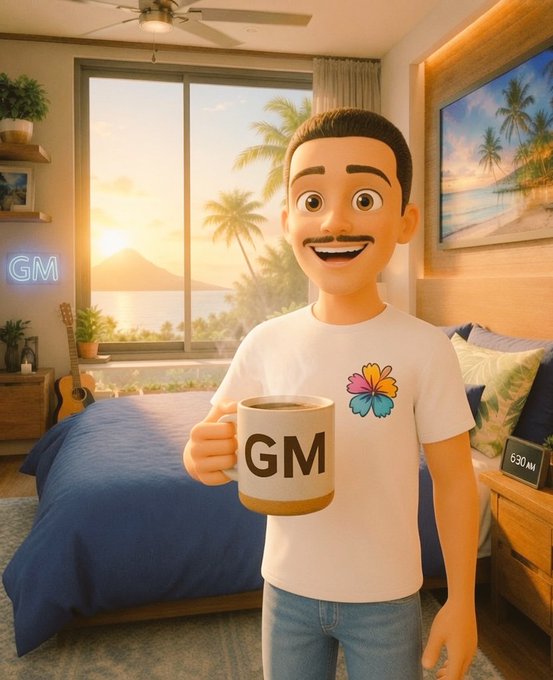 A 3D animated/Pixar-style illustration of a smiling man holding a 'GM' coffee mug in a tropical bedroom setting with a beach view, featuring a 'GM' neon sign.