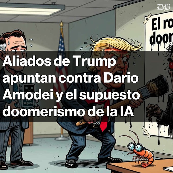 A political cartoon depicting a caricature of Donald Trump wielding a paintbrush, with text reading 'Aliados de Trump apuntan contra Dario Amodei y el supuesto doomerismo de la IA' (Trump allies target Dario Amodei and alleged AI doomerism).