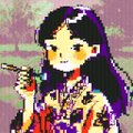 A low-resolution pixelated portrait of an anime-style woman with dark hair wearing red clothing against a pink background.