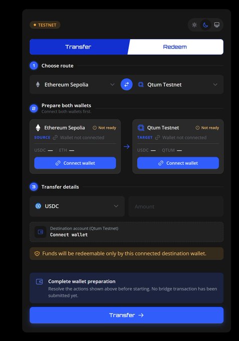 A screenshot of the Qtum testnet bridge interface showing a Transfer tab with USDC routing between Ethereum Sepolia (source) and Qtum Testnet (target), where both wallets are marked "Not ready" and require connection before completing the transfer. This corresponds to the post about deploying the Qtum USDC bridge to mainnet, which was developed and audited by CertiK.