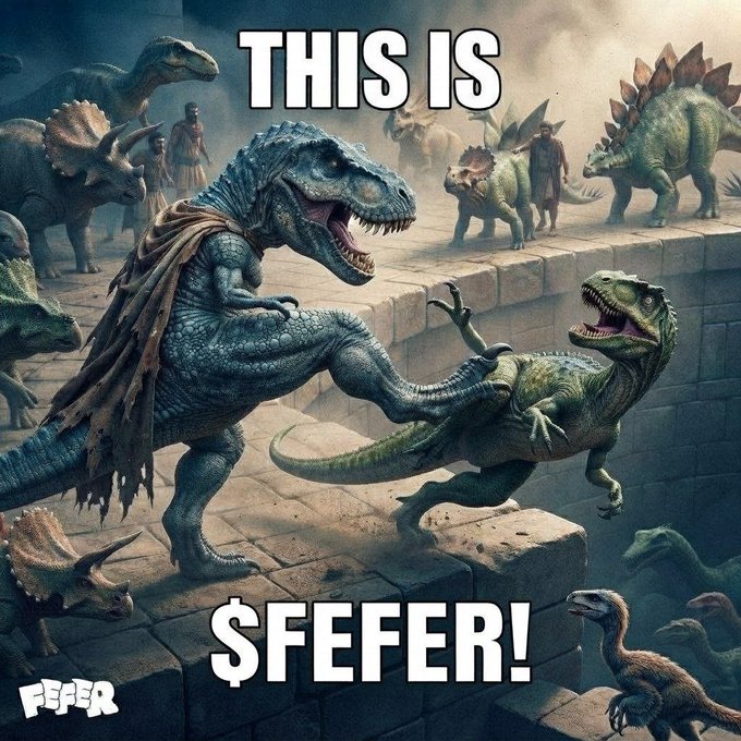 A meme-style image with the text 'THIS IS $FEFER!' over a scene of dinosaurs, including a T-Rex fighting a raptor, with the 'FEFER' logo in the bottom left corner.