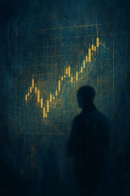 A silhouetted figure studies a glowing golden candlestick chart trending upward against a dark, textured backdrop, visually echoing the post's call for a hidden "conviction play" with strong bullish potential. The chart imagery reinforces the message of spotting under-the-radar meme coins before they pump.