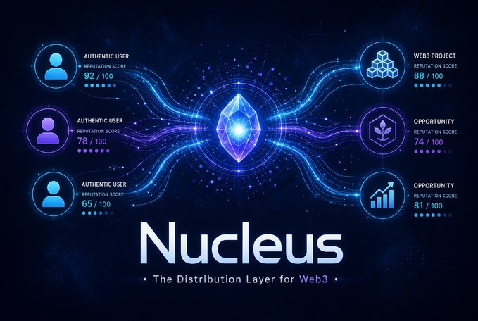 A promotional graphic for 'Nucleus' labeled 'The Distribution Layer for Web3,' featuring a central glowing crystal connected to user and opportunity reputation scores.