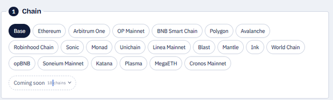 A blockchain selection interface with 'Base' highlighted as the currently selected chain, showing options including Ethereum, Arbitrum One, OP Mainnet, Polygon, and Avalanche.
