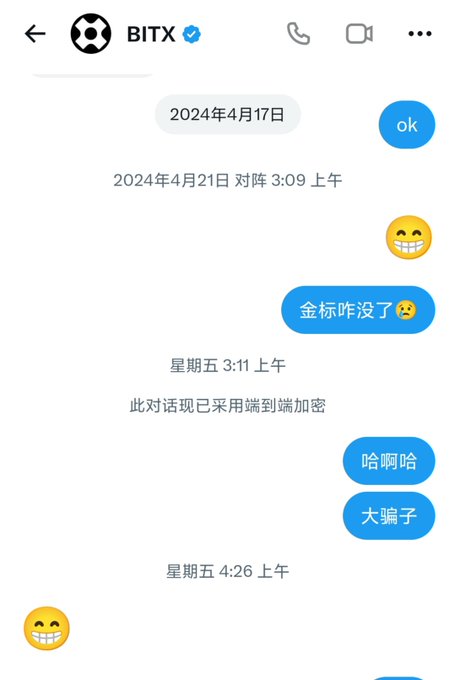 A chat conversation on a messaging app with user 'BITX' showing messages in Chinese including 'ok', '金标咋没了😟', '哈哈哈', and '大骗子' dated April 2024.