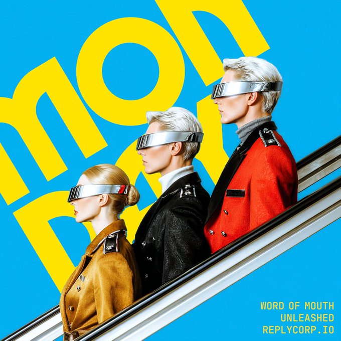 A vibrant promotional poster featuring three models in profile wearing metallic visor headbands and military-style jackets (tan, black, and red), with large yellow 'hold' text in the background and 'WORD OF MOUTH UNLEASHED REPLYCORP.IO' in the corner.