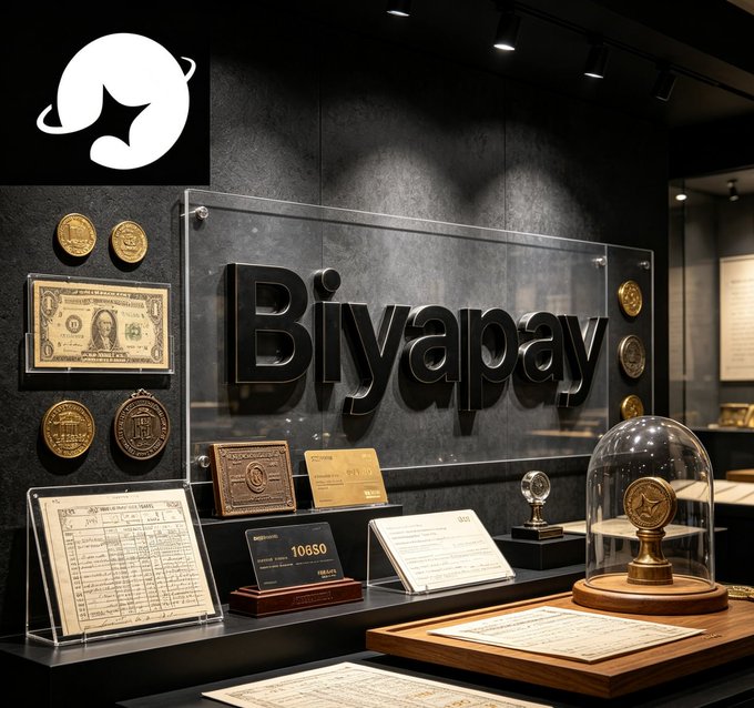 The image shows a museum-style display featuring the name "Biyapay" in large letters on a dark wall, surrounded by framed currency notes, gold coins, and plaques, with a glass dome showcasing a commemorative coin. The post compares Biyapay to other platforms, and the image visually reinforces its identity and prestige through the prominent branding and curated collection of monetary artifacts.