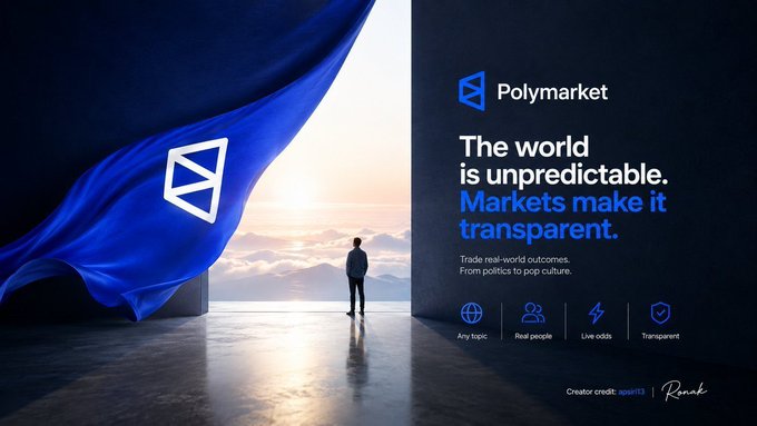 A promotional banner for Polymarket reading "The world is unpredictable. Markets make it transparent." with features listed: Any topic, Real people, Live odds, Transparent, credited to creator apart13 and Ronk.