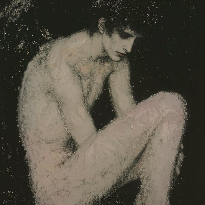 A moody, expressionistic painting of a nude figure sitting with knees drawn up, rendered in pale tones against a dark background.