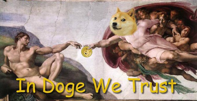 A parody of Michelangelo's "Creation of Adam" with the iconic Doge Shiba Inu face replacing Adam, holding a gold coin, with yellow text reading "In Doge We Trust."