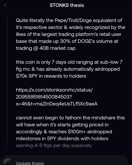 A dark-mode screenshot of a text document titled 'STONKS thesis' discussing cryptocurrency market caps, airdrops, and 'DOGE', including a link to an X (formerly Twitter) post by 'stonksonrhc'.