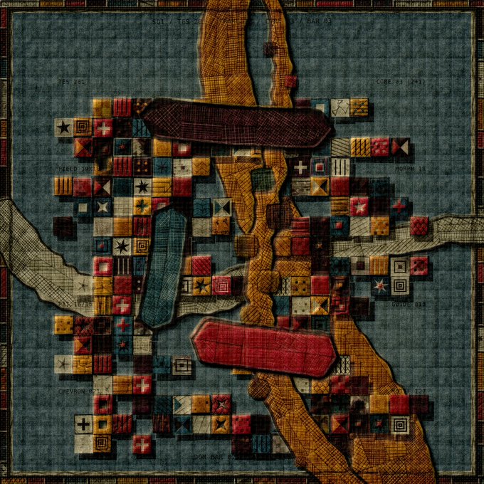 A textured, colorful quilt-like artwork featuring stitched patches in earth tones, with faint text labels including "SOLI", "TPS", "CORE 03", and "HORSE 15" scattered throughout.