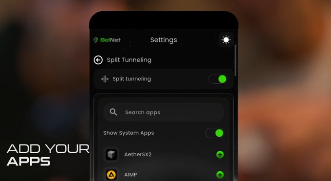 Mobile app interface for BetNet VPN showing the Settings menu with 'Split Tunneling' toggle enabled and options to add apps like AetherSX2 and AIMP.