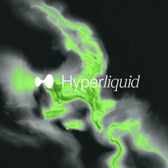 The image shows the Hyperliquid logo, featuring white text alongside green fluid-like smoke or vapor wisping across a black background, visually representing the brand's "liquid" identity as President Trump discusses efforts to bring the crypto trading platform to the U.S.