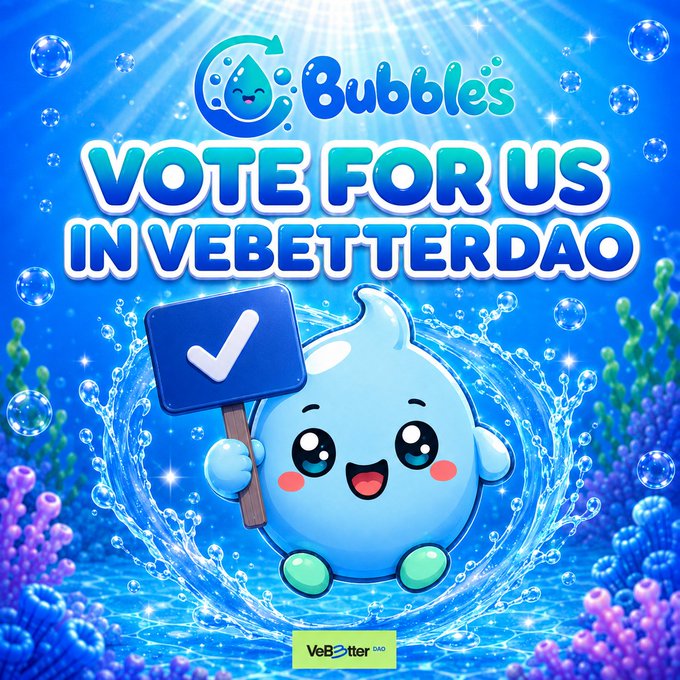 A promotional graphic features a smiling blue water droplet mascot holding a checkmark sign with the text 'VOTE FOR US IN VEBETTERDAO'.