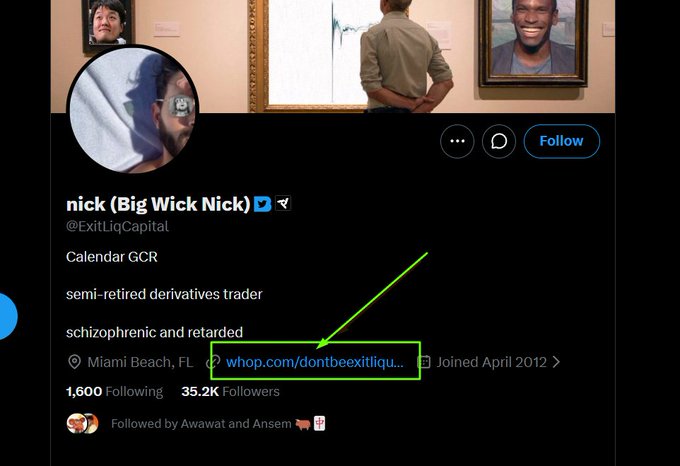 The image shows a Twitter/X profile for "nick (Big Wick Nick)" (@ExitLiqCapital), a Miami Beach-based self-described "semi-retired derivatives trader" with 35.2K followers, with a green arrow highlighting his whop.com link. The caption highlights that Nick uses a Whop link (likely to a paid trading community/Telegram) as his pinned link, which contrasts ironically with the tweet's jab at CT influencers who shill for paid groups that often cause followers to "get rekt" — making him an example of exactly the type of paid-shill influencer he's criticizing.