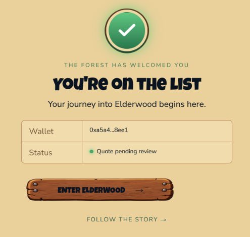 A digital confirmation screen displays a green checkmark with the text 'THE FOREST HAS WELCOMED YOU' and 'YOU'RE ON THE LIST', along with wallet info '0xa5a4...8ee1' and a wooden 'ENTER ELDERWOOD' button.
